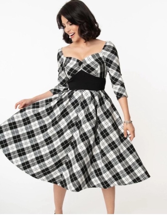 Unique Vintage Dresses & Skirts - UNIQUE VINTAGE Plaid Sweetheart Swing Dress Black White Pin Up